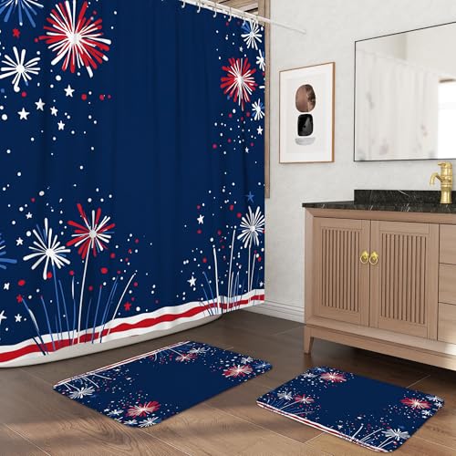 Cortina de ducha de fuegos artificiales del 4 de julio de 72 x 72 pulgadas con ganchos, juego de accesorios de baño con dos alfombras de baño antideslizantes y lavables (16 x 24 y 20 x 32), decoración