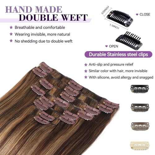 Image of Clip in Hair Extensions Real Human Hair 24 inch 120g /4.2oz Straight Seamless Invisible Human hair Extensions Clip ins for Women Double Weft 8pcs Chocolate Brown to Honey Blonde