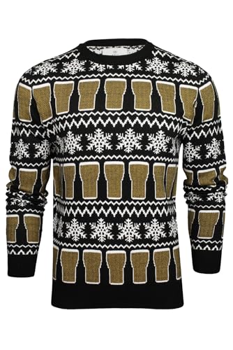 Xact Men's Fair Isle Christmas Jumper Beer Pint Knit Sweater (Beer Glasss - Black) L