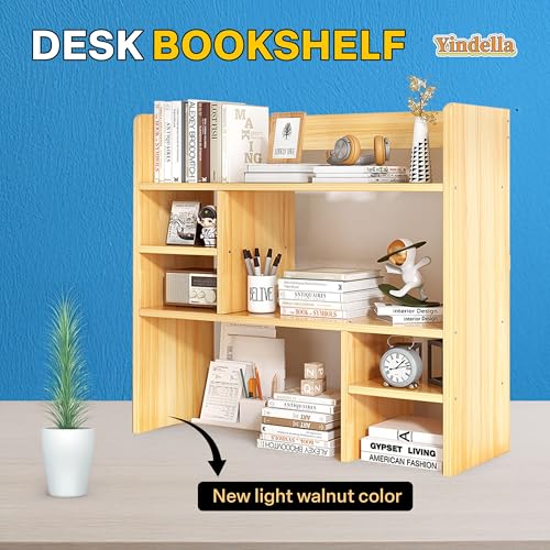 Image of Yindella Multi-Functional Desktop Bookshelf Organizer, Wooden Storage Shelf, Adjustable Office Desk Organizer for Books, Stationery, Space-Saving Home & Office (Desk Bookshelf-04-Wooden)