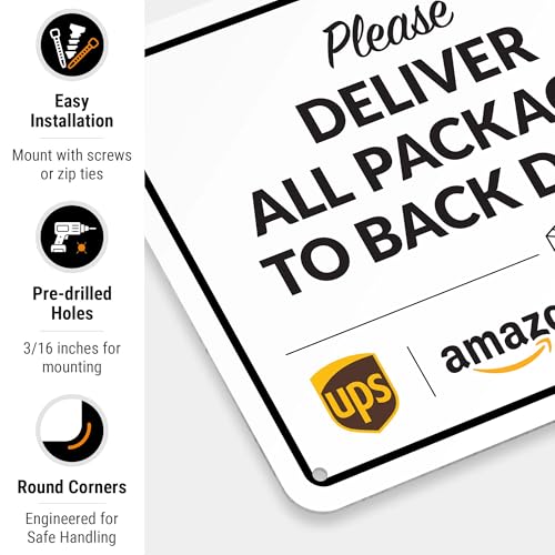 Image of Package Delivery Sign, Delivery Instructions Please All Package to Back Door Sign, 10x7 Inches, Rust Free .040 Aluminum, Fade Resistant, Made in USA