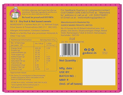 Image of GO DESi Premium Kaju Katli 200 grams, 61% Cashews and Badam Katli 200 grams, 61% Almonds, Rakhi Gift for Sister and Brother, Indian Sweets Gift Pack, DESi Meetha, Sweets Indian Mithai