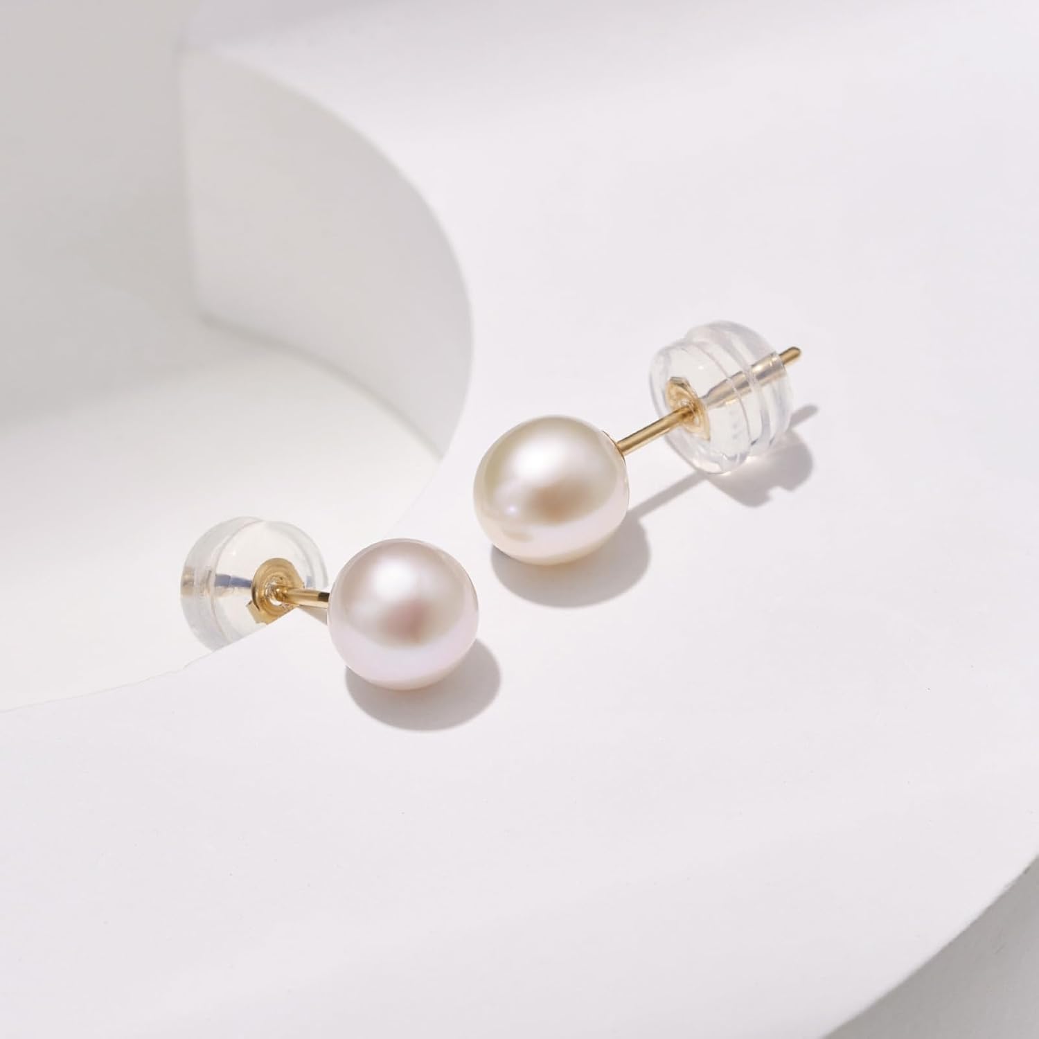 EPI Pearl Stud Earrings for Women Round White Freshwater Real 14k Gold Stud Earrings Hypoallergenic Earrings with Genuine Cultured Pearls,Pearl Gifts for Anniversary - Image 2