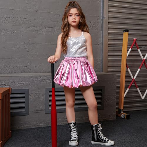 Image of Perfashion Girls Bubble Skirt Metallic Puff Balloon Cute Mini Skorts Dance Outfits with Shorts 4-13Y