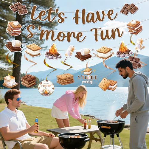 Image of Smores Camping Birthday Party Banners Swirls Decorations 11PCS | Smores Camping Party 11pcs, Glitter Banners Swirls, Cardstock Decor, Campfire Theme, Party Decor for Kids Camping