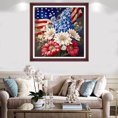 Image of Redxing Stamped Cross Stitch Kits Full Range of Embroidery Starter Kits- Needlepoint Counted Cross Stitch Kits for Beginner Adults 11CT Printed Embroidery Kit-National Flag Flowers 18x18 inch