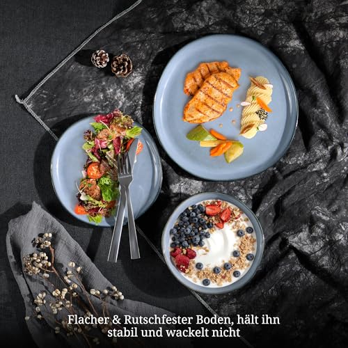 Onader Geschirrset 6 Personen, 18 Teiliges Tafelservice Steingut Set, Unregelmäßig Rund Müslischalen Dessertteller Speiseteller, Anti-Kratzer & Mikrowellenfest, Reaktives Neblig Blau