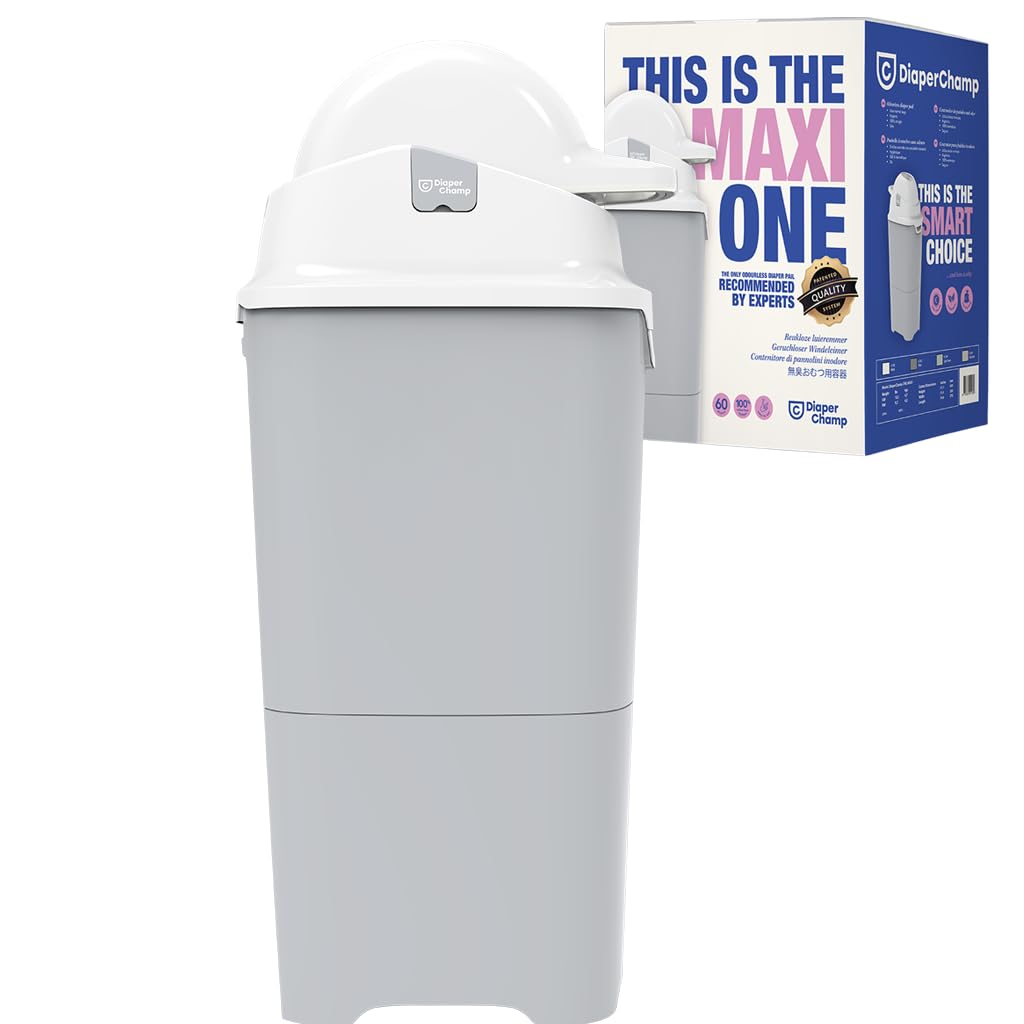 DIAPER CHAMP One Max - Cubo para pañales (resistente al olor, sin cartuchos de relleno, funciona con bolsas convencionales normales/bolsas de basura, para 60 pañales), color plateado y blanco
