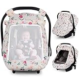 Rquite Car Seat Cover Baby, Carseat Covers Girl Boy, Breathable Muslin Cotton, Large Mesh Window, Infant Car Seat Canopy Baby Carrier Cover Stroller Sun Shade for Summer & Hot Day