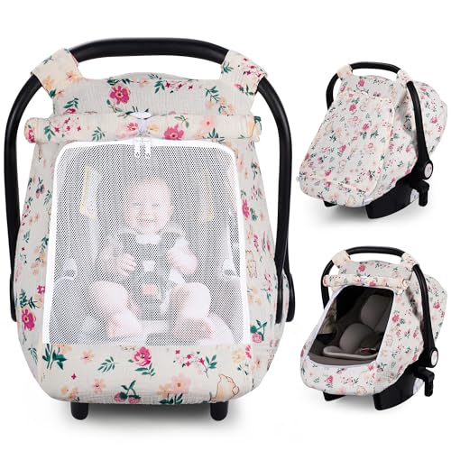 Image of Rquite Car Seat Cover Baby, Carseat Covers Girl Boy, Breathable Muslin Cotton, Large Mesh Window, Infant Car Seat Canopy Baby Carrier Cover Stroller Sun Shade for Summer & Hot Day