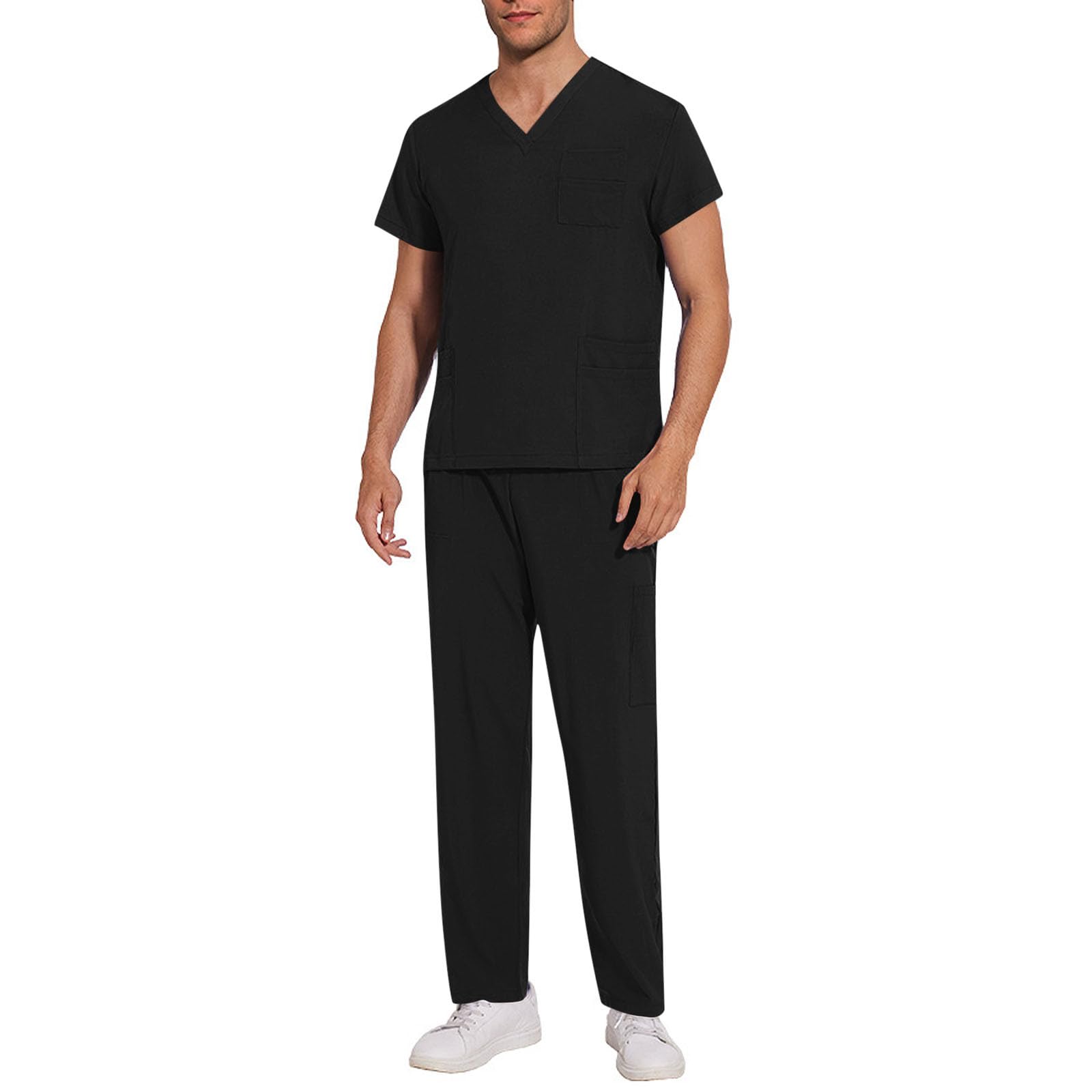 Work Uniform Scrubs for Men Set V Neck Scrub Top Straight Leg Elastic Cargo Pants Pockets
