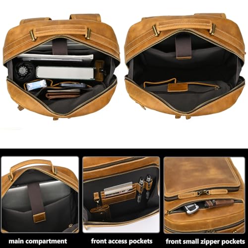 Vintage Full Grain Leather Backpack for Men, 16" Laptop Rucksack For Men Hiking Trave Work Business Bag, 9493 Light Brown3