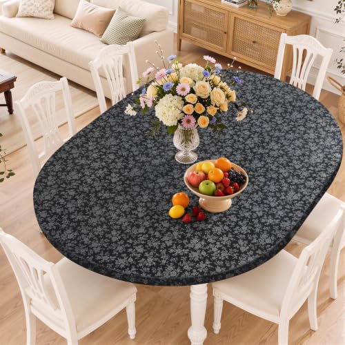 Image of Smiry Waterproof Heavy Duty Vinyl Fitted Tablecloth for 48 inch-68 inch Oval Table | Elastic Plastic Table Cloth, Wipeable Washable Floral Patio Table Cover for Picnic, Kitchen and Dining, Black
