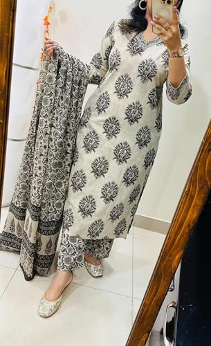 Image of ANNI Designer Women Viscose Blend Straight Fit Printed Kurta Pant Dupatta Set | V Neck Three Quarter Sleeve Outfit | Soft Breathable Fabric | Comfortable Elegant Styling for Office Casual Wear