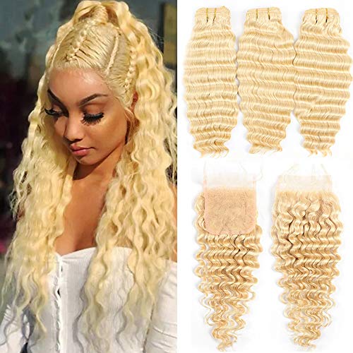613 Blonde Deep Wave Bundles with Frontal 100% Brazilian Unprocessed Virgin Human Hair 3 Bundles with 4x4 Lace Closure Hair Extension Can Be Dyed (22 24 26+18 Closure,613 Deep Bundles with Closure)