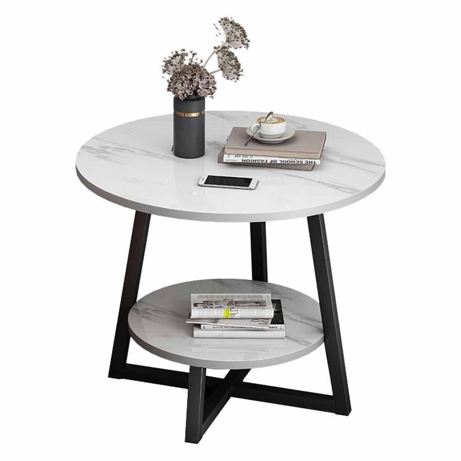 SXZenSpace Side Table 2 Tier Round Table, Faux Marble End with Shelf for Living Room Bedroom, Coffee Nightstand, Bedside Small 40Cm,White