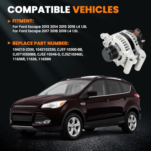 Image of High Output Alternator Compatible with Ford Escape 2013 2014 2015 2016 2017 2018 2019 1.5L 1.6L, 12V 150Amp CW 6-Groove Pulley, Replaces 104210-2330 CJ5T-10300-BB CJ5Z-10346-D