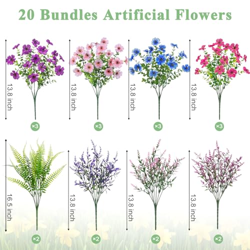 Image of Bassion 20 Bundles Artificial Flowers for Outdoors Fake Flowers, Multi | UV resistant, silk fake flowers with lavender and ferns shrubs, faux plants, outdoor planters porch garden home decorations