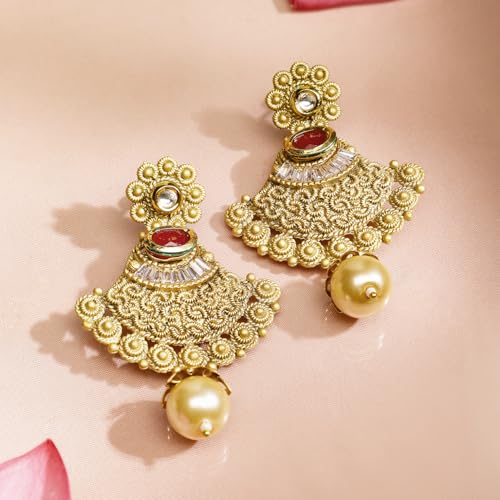 Image of Rubans Gold Plated Bridal Drop Pendant Jewellery Set with Earrings for Women