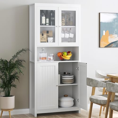 FOREHILL Buffet Cuisine 190cm Vaisselier Cuisine avec 4 Portes Meuble de Cuisine Rangement pour Salle à Manger Salon Blanc 84x 32x190cm