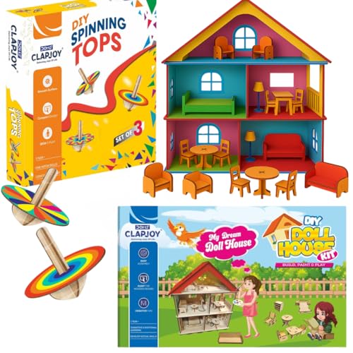 Image of Clapjoy DIY Wooden Doll House & Spinning Top Combo - Miniature Furniture Kit with Free Paint Set | Easy to Assemble | Creative Gift Toy for Kids, Boys & Girls | Build, Paint & Play Craft Set