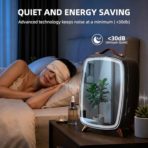 Image of Antarctic Star 6L /8 Cans Makeup Mini Refrigerator with Dimmable LED Light Mirror for Bedroom, Car, Office & Dorm,Portable Small Cooler for Cosmetics,Skin Care,BLACK