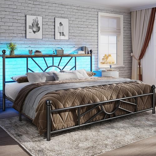 Homkdom Metal King Bed Frame and Headboard, Footboard, King Size Bed Frame with LED Light, Mattress Foundation with Under Bed Storage/No Box Spring Needed/Noise-Free/Easy Assembly, Black
