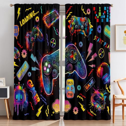 Peryiter Games Curtain Bedroom Room Decor Neon Gamer Curtain with 2 Tiebacks 42 x 84 Inch Thermal Insulated Window Drapes for Bathroom Nursery Home Decoration 2 Panels