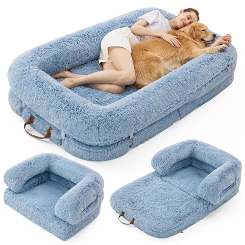 Lesure Foldable Human Dog Bed 3 in 1 Flexible Giant Human Dog Bed for Adult People with Supportive Bolster Egg Foam Waterproof Liner Calming Fluffy Faux Fur Orthopedic Big Bean Bed Blue