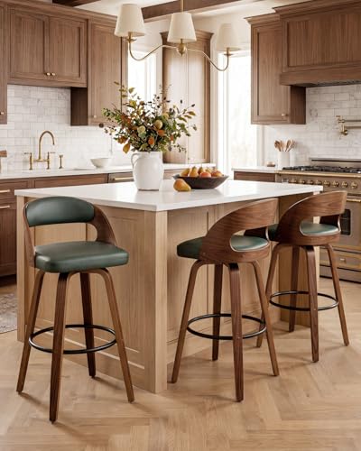 Image of AQG Swivel Bar stools Set of 3 Bar Chairs 26 inch Counter Height Mid-Century Modern Bentwood Barstool PU Leather Upholstered Bar Chair with Back and Footrest, for Bar, Cafe, Dining, Kitchen Island, Green
