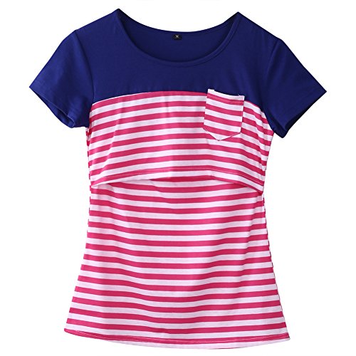 Women Breastfeeding Shirt Striped Patchwork Short Sleeve Maternity Breastfeeding and Nursing Tops (Red Stripe, L)