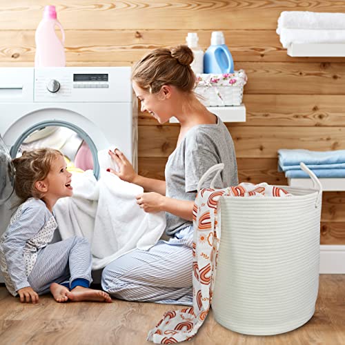 Image of XUANGUO White Cotton Rope Laundry Basket Hamper for Clothes Large | Baby Nursery Hamper Bin Decorative Woven Storage Basket for Living Room Bedroom Boho Tall Rope Baskets for Blanket Toys