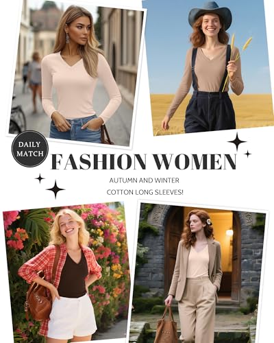 Ficerd 3 Pack Women's Long Sleeve Shirts, Cotton V Neck Basic Tees Slim Fit Casual Fall Tops Going Out Blouses T Shirts2