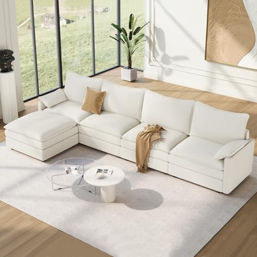 Image of Vesgantti 142 inch Cloud Couch Sectional Modular Sofa, Comfy Sectional Couch with Ottoman Deep Seat Chenille L Shaped Sofa, Modular Couches for Living Room, Bedroom and Apartment, Snow White