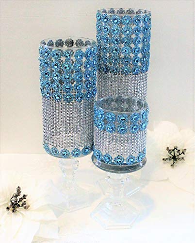 Trend It Up - Bling Candle Holder Set of 3 Vases - Available in Various Colours - Handmade - Turquoise/Robin Egg/Aqua Blue/Green and Silver Rhinestone Candle Holder, Wedding Centerpiece