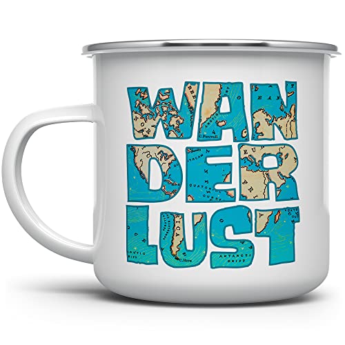 Wanderlust Enamel Campfire Coffee Mug, Travel Lover Camping Cup, Outdoor