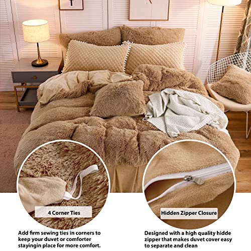 Liferevo Luxury Plush Shaggy Duvet Cover Set, Soft Velvet Fluffy Furry Duvet Cover Set(1 Faux Fur Fuzzy Comforter Cover + 2 Pom Poms Pillow Cases) Solid Bedding Set, Zipper Closure(Full/Queen, Camel) #TOP4