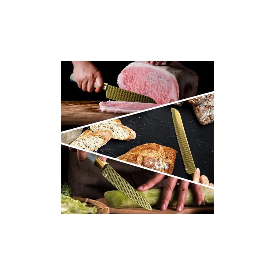 14-Piece Knife Block Set, Non Stick Sharp Stainless Steel Kitchen Knives Set, Knife Set with Self-Sharpener, Steak Knife, Bread Knife, Scissors, Chef Quality, Marbled Handle Gold Blade