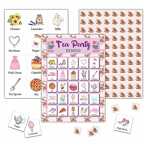 KFNER Garden Tea Party Bingo Game Card - 24 Players Bingo Games Set Indoor Outdoor Activities - Bridal Shower, Birthday, Tea Party Favors Supplies -A04