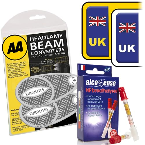 AlcoSense European Travel Kit inc NF Breathalysers + UK Stickers + AA Eurolites Headlight Deflectors for Europe | Car & Motorhome Parts for Car Trips in France UK Number Plate GB Stickers for Europe