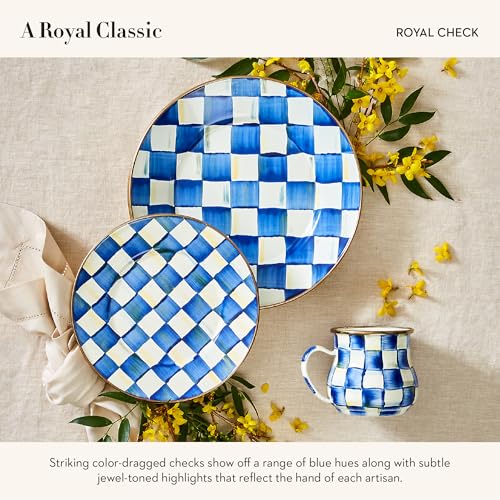 Image of MACKENZIE-CHILDS Enamel Mug, Cute Enamelware Coffee and Tea Mug, Unique Drinkware, 16 Ounces, Blue-and-White Royal Check, Set of 4