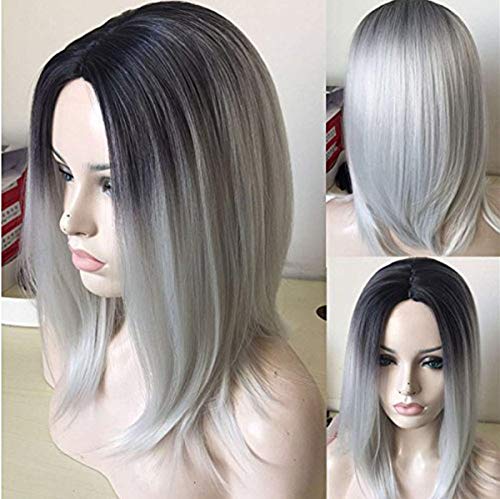 LEJIMEI Wigs for Women Ombre Gray Wig with Black Roots Medium Straight Middle Synthetic Hair Wigs Natural Daily Party Wig LM086