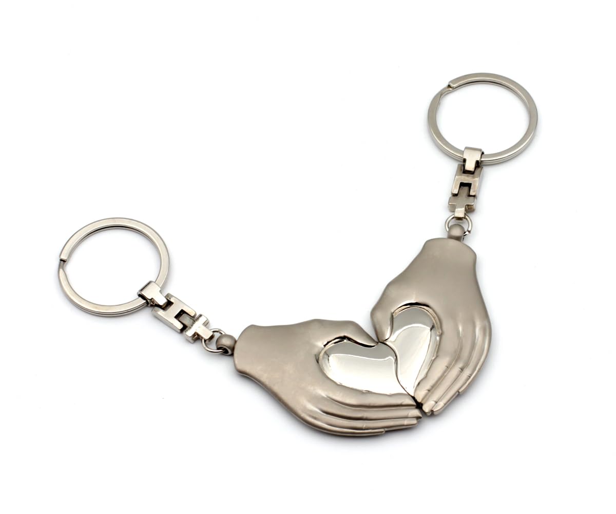 Juego de 2 llaveros para pareja, manos con corazón, acero inoxidable, regalo para parejas, amigos, aniversario, día de San Valentín, grabado opcional, forma de mano con corazón dividido