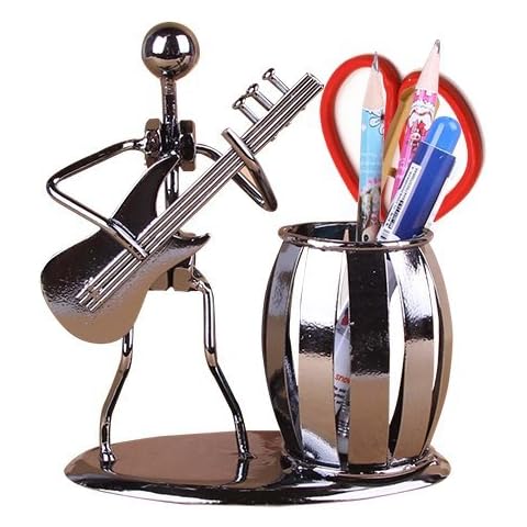 AlleTechPlus Metal Art Crafts Pencil & Pen Holder Display - Decorative Guitar Theme Desktop Supply Organizer Cover