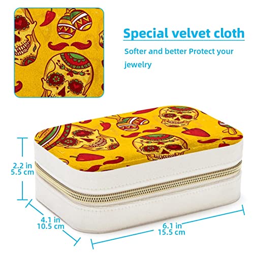 Boîte à bijoux portable rigide à motif crânes de chili pour bagues