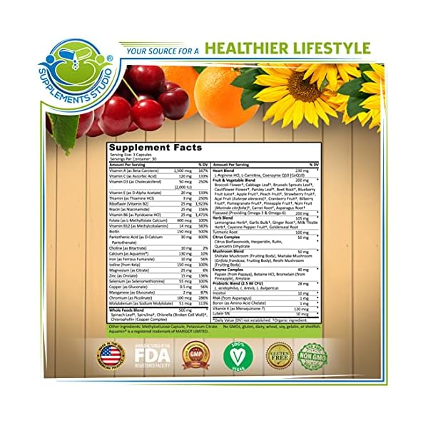 Supplements-Studio-Daily-Vegan-Whole-Food-Multivitamin-Plus-for-Men-Women-with-Iron-Organic-Fruits-and-Vegetables-B-Complex-Probiotics-Enzymes-CoQ10-Omegas-Turmeric-All-Natural-Non-GMO Vegan Whole Food Multivitamin with Iron, Daily Multivitamin for Women and Men, Made with Fruits & Vegetables, B-Complex, Probiotics, Enzymes, CoQ10, Omegas, Turmeric, Non-GMO, 90 Count