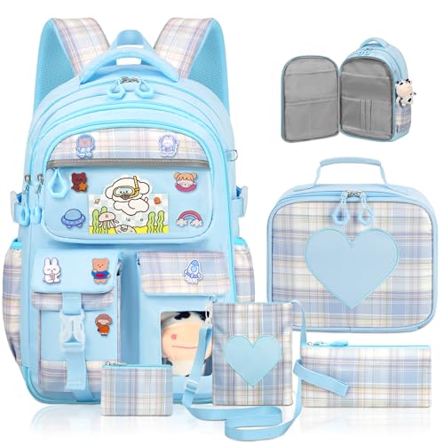 Cute Backpack for Girls, 5 Pack Kawaii Backpack Aesthetic Backpack with Lunch Box Set, Girls Blue School Bookbag for Kids Teen Elementary