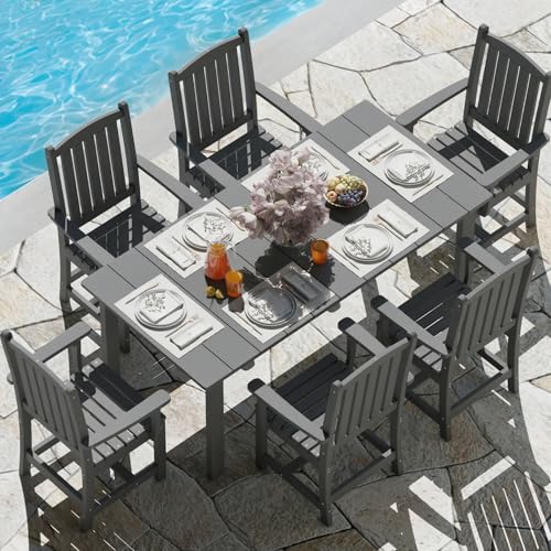 ROCSUMOO 7-Piece HDPE Outdoor Dining Set with 6 Chairs, Rectangular Patio Dining Furniture Set of 6, Modern Dining Table Chairs Set with Umbrella Hole for Poolside, Dark Gray (6 Chairs+1 Table)