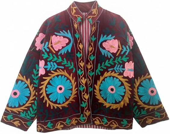 Embroidered Floral Jacket, Burgundy Velvet, Colorful Suzani Style, Traditional Ethnic Outerwear, Collared Open Front