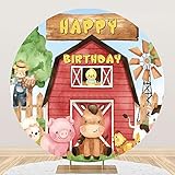 Yeele 6x6ft Red Barn Round Backdrop for Kids Birthday Party Decorations Cartoon Farm Animals Pig Cow Chicken Windmill Polyester Photography Background Happy Birthday Party Banner Photo Booth Props